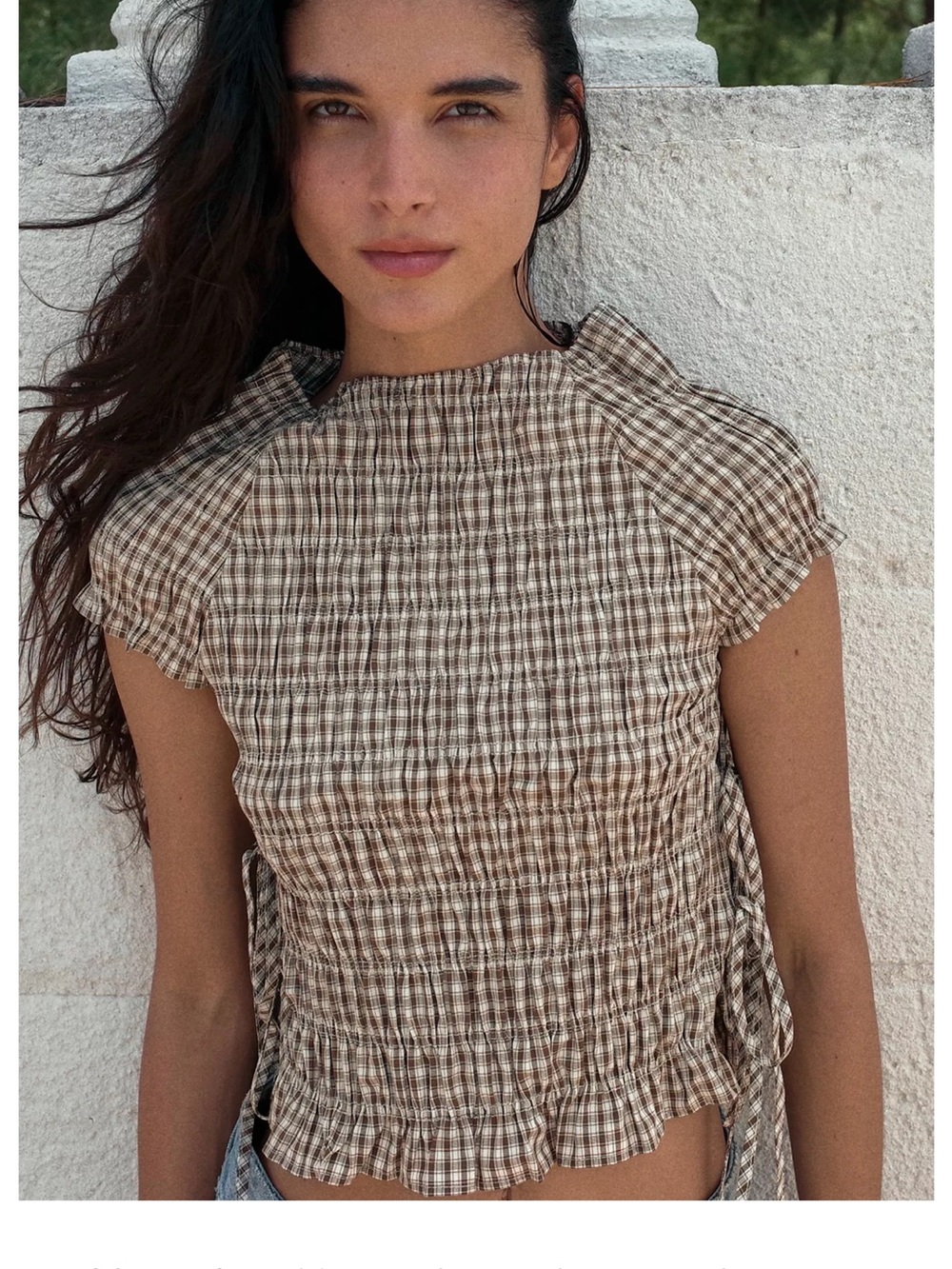 Zara Brown Plaid Shirred Ruffle Short-Sleeve Top